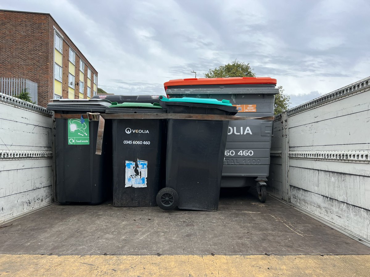Another household saved from ‘woke tyranny’ - these bins, had crept into the home of a decent, hard-working British family who were already weak from ‘meat-tax’ induced vegetarianism.  

They are being returned to the small boat they arrived in. #getwrecksitdone #clowncarcrash