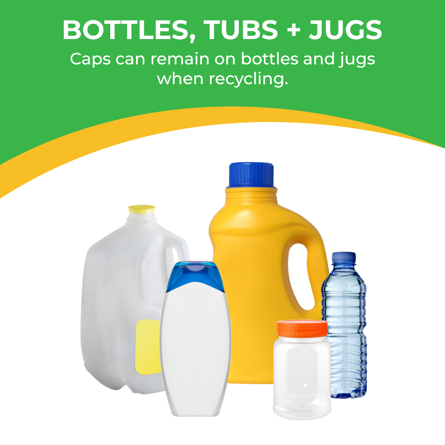 Recycle #1 and #2 bottles, tubs and jugs.
• Caps can remain on bottles and jugs.
• Empty and rinse before recycling.

#plastic #plasticrecycling #recycleplastic #recycleright #recyclingtips #recycle #recycling