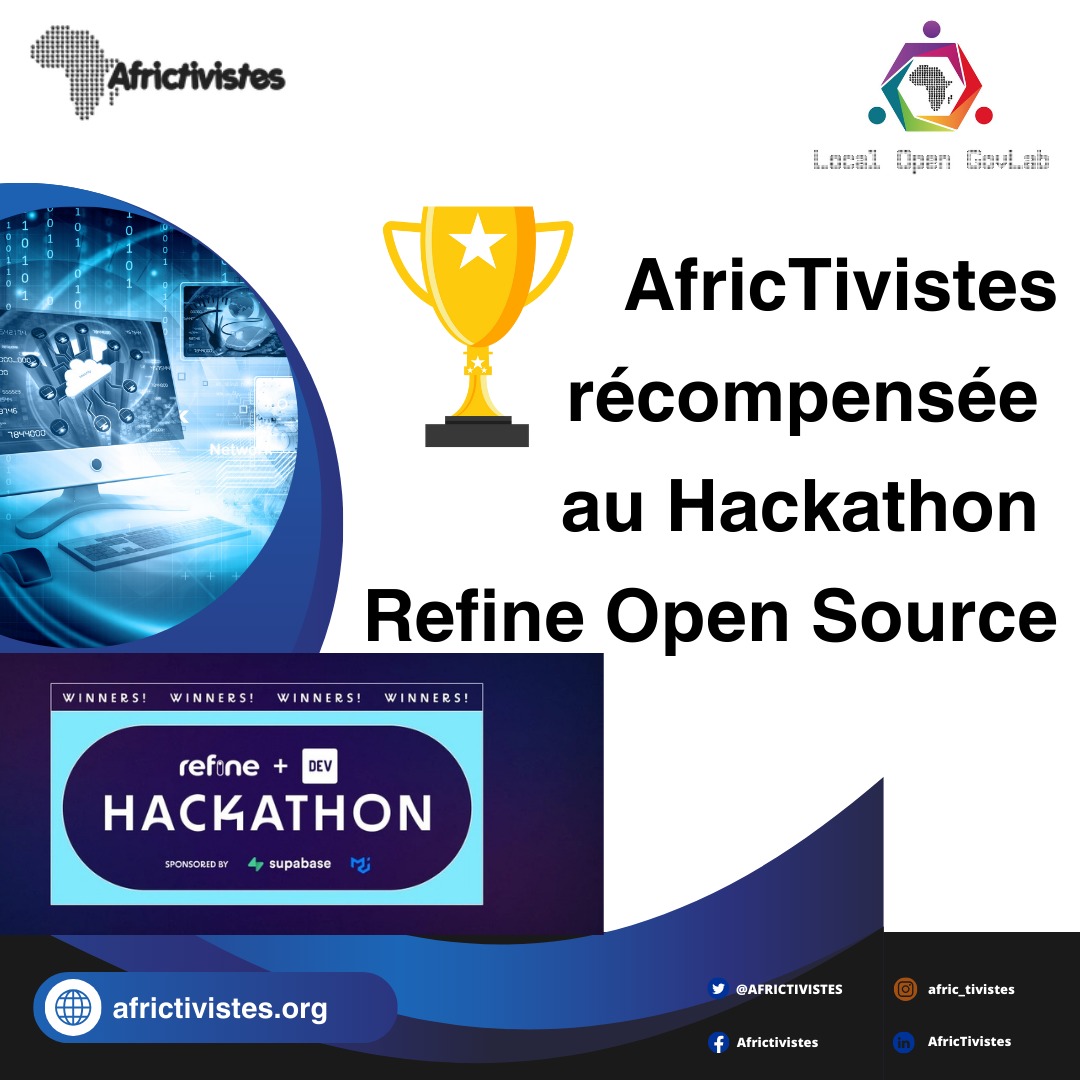 AFRICTIVISTES's tweet photo. La compétition “Hackathon Refine Open Source”🏆plébiscite un projet informatique innovant de #AfricTivistes qui promeut la transparence et la redevabilité des collectivités locales.
➡️ https://t.co/7boUPSirir

#LocalOpenGovLab

..........................................................................................................

#AfricTivistes innovative IT project to promote transparency & accountability in local government wins 2023 "Hackathon Refine Open Source"🏆 Runner-up.
➡️ https://t.co/XfvikN1Zvm

#LocalOpenGovLab