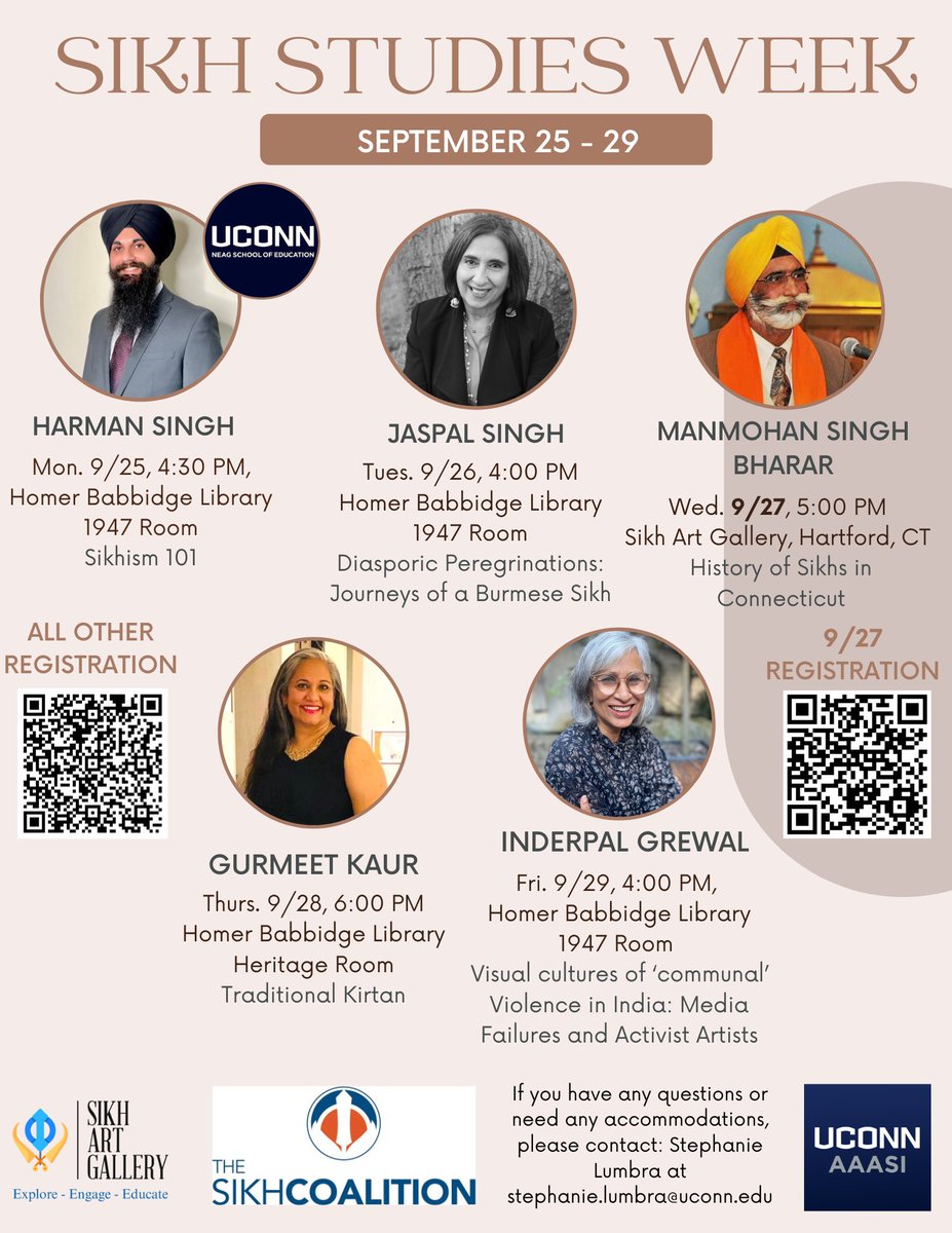 Sikh Studies week is almost here! Come learn more about Sikhism from Sikh scholars, artists, and community members. <a href="/UConnNeag/">UConn Neag School of Education</a> <a href="/SikhArtGallery/">Sikh Art Gallery</a> <a href="/sikh_coalition/">Sikh Coalition</a>

Wed. workshop register here: tinyurl.com/CTSikhs

All other workshops register here: tinyurl.com/SikhStudiesWK