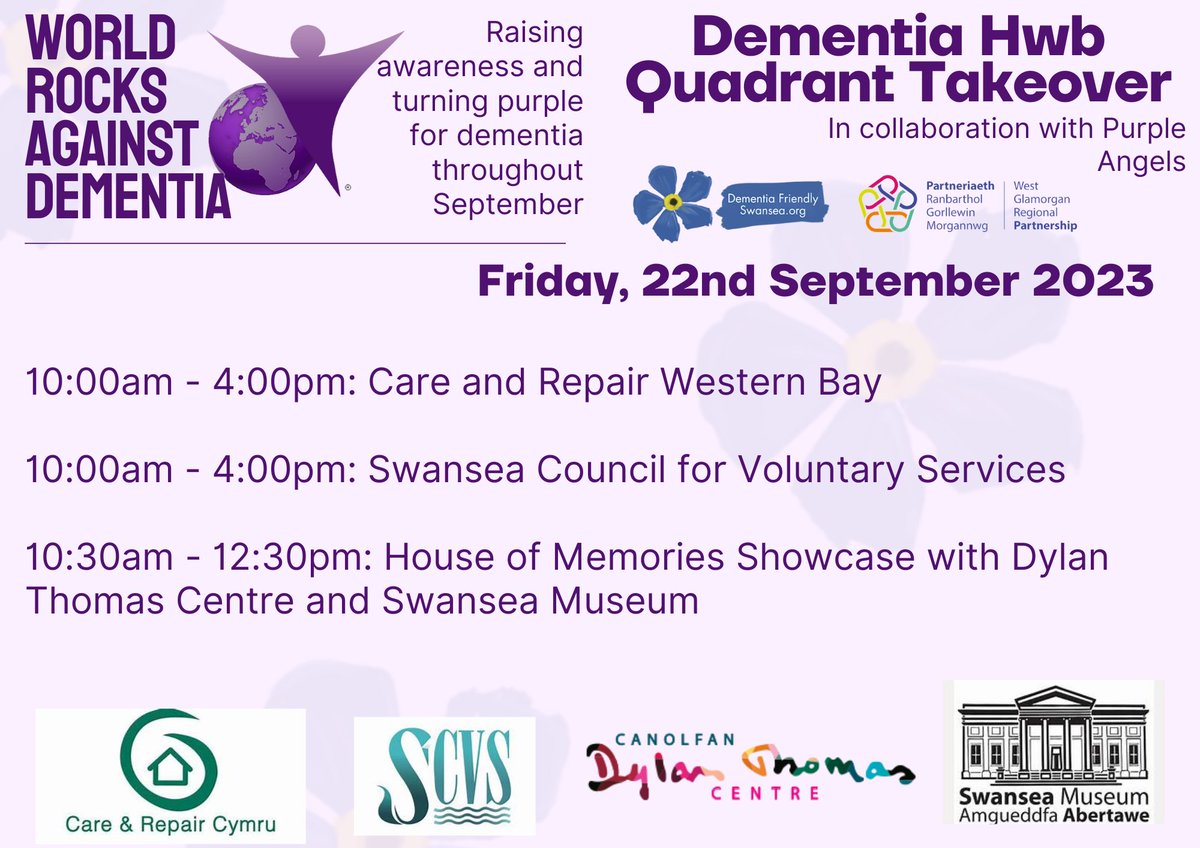 Friday we have @swanseamuseum and the Dylan Thomas Centre demonstrating the House of Memories app at 10:30am. We will also be supported by @SwanseaCVS and @CareandRepairWB Pop on by and find info on dementia services available in Swansea #WorldAlzheimersDay #DementiaAwareness