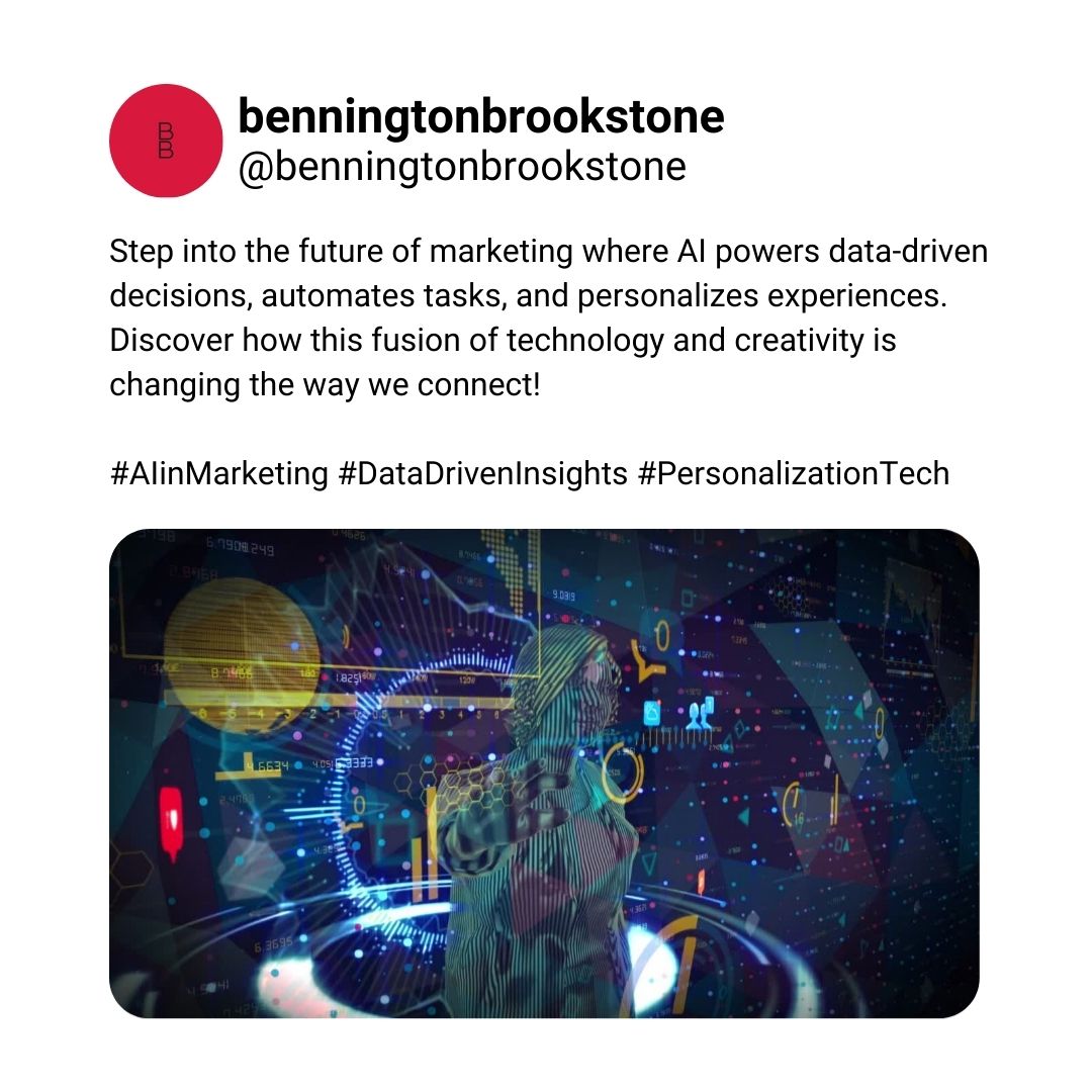 BBStoneSocial's tweet image. Step into the future of marketing where AI powers data-driven decisions, automates tasks, and personalizes experiences. Discover how this fusion of technology and creativity is changing the way we connect!

#AIinMarketing #DataDrivenInsights #PersonalizationTech #Innovation