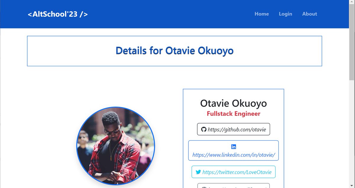 LoveOtavie's tweet image. Leveraging my #backendengineering - #nodejs and #expressjs, I&apos;ve developed a fully functional CRUD application. This project includes a user-friendly GUI that was built using #html, #css and #bootstrap, for seamless interaction.
student-photocard.cyclic.cloud
github.com/Otavie/AltScho…
