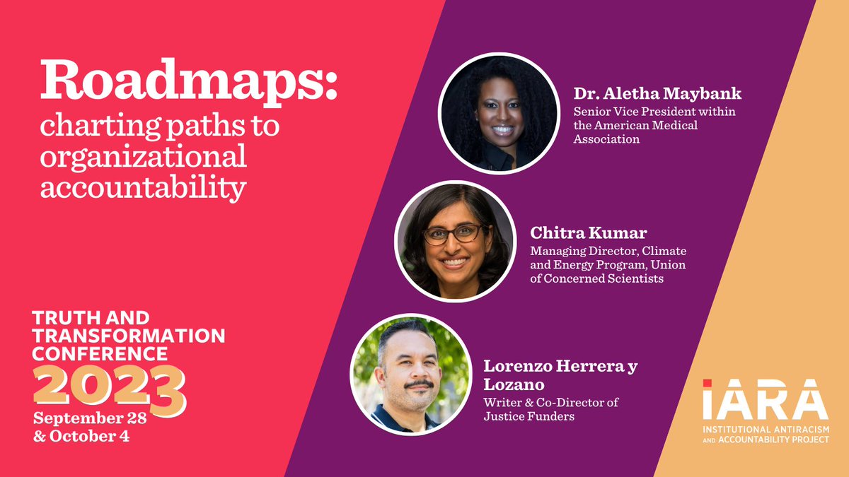 On Sep 28, the first #TruthandTransformation panel will start from square one: roadmaps. Roadmaps determine the course of an organization's antiracist transformation — & are therefore critical for ensuring accountability. Feat. @DrAlethaMaybank, @herreraylozano & Chitra Kumar.