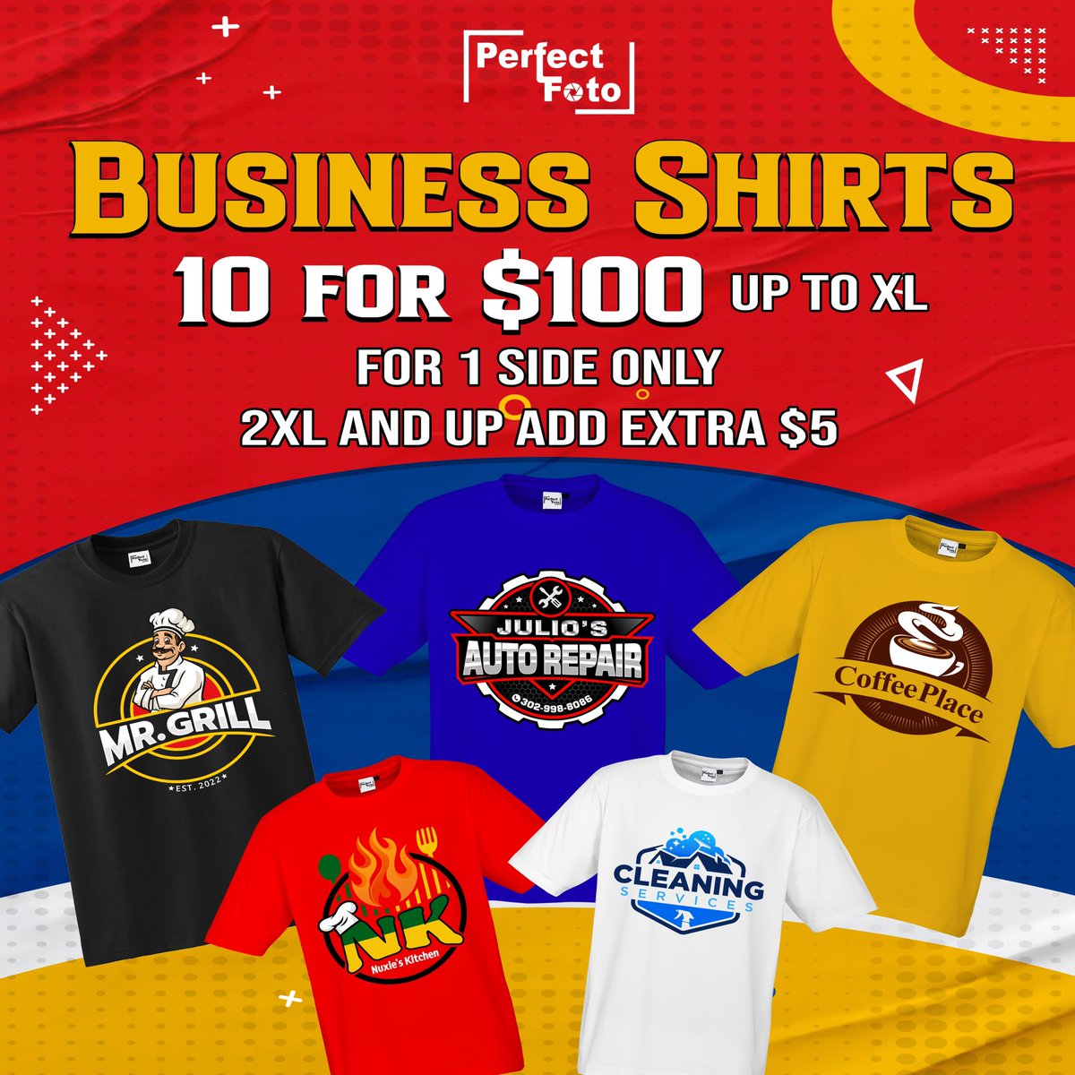 Get professionally made Business Shirts that speak volumes about your brand. Our unbeatable offer: 10 shirts for just $100 for sizes up to XL.

#businessshirts #corporatestyle #customshirts #onesideprint #upsizeoption #professionallook #perfectfotodeals