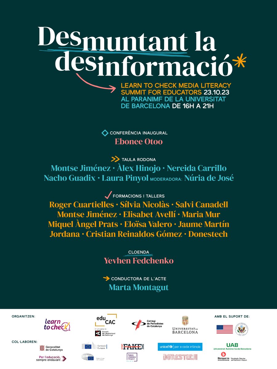 📢  El 23/10 celebrem a #Barcelona la jornada "Desmuntant la desinformació”. ¡Save the date!
🗣Hi trobareu ponències internacionals, expertes en #desinformació i #educaciómediàtica i experiències d'èxit a l'aula.

📌Inscriviu-vos i reserveu plaça: ja.cat/desmuntant

🧵