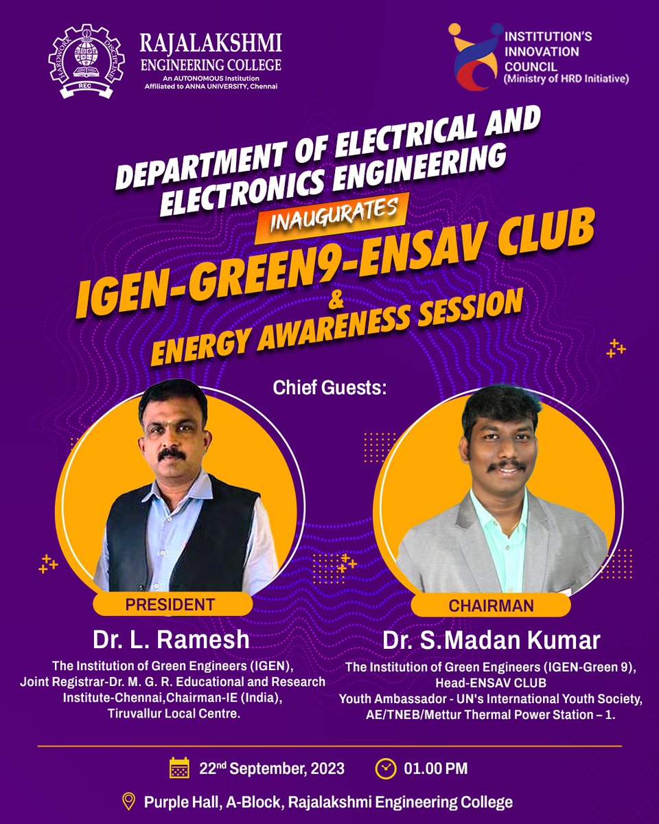 myrecchennai's tweet image. Inauguration of IGEN- GREEN9- ENSAV CLUB followed by Energy Awareness Session is scheduled on 22 September 2023 at 1pm at Purple Hall.

#igen #energyawareness #REC #Rajalakshmiinstitutions #RajalakshmiEngineeringCollege #EngineerTheFuture #EngineerYourFuture #Engineering
