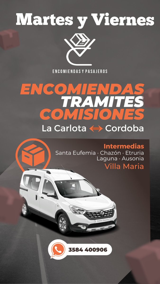 Viajamos los días Martes y Viernes de La Carlota a Córdoba.. Tralasdamos pasajeros y hacemos comisiones!!! 
No dudes en consultar 
📱 3584400906
