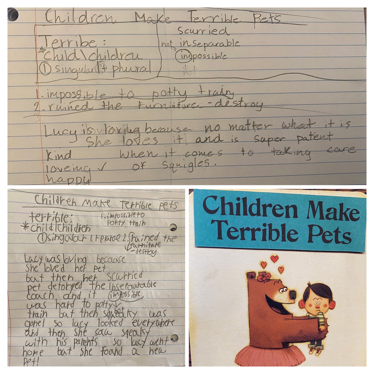 LJohnsonTeacher's tweet photo. We love the book, Children Make Terrible Pets! Use text evidence to defend your thinking! How would you describe Lucy? Identity her character traits! We found some interesting vocabulary words! @3TrailsTigers @ISDSchools #isdstrong #kcedu #readingcommunity #3tepride https://t.co/JEzfybUVjw