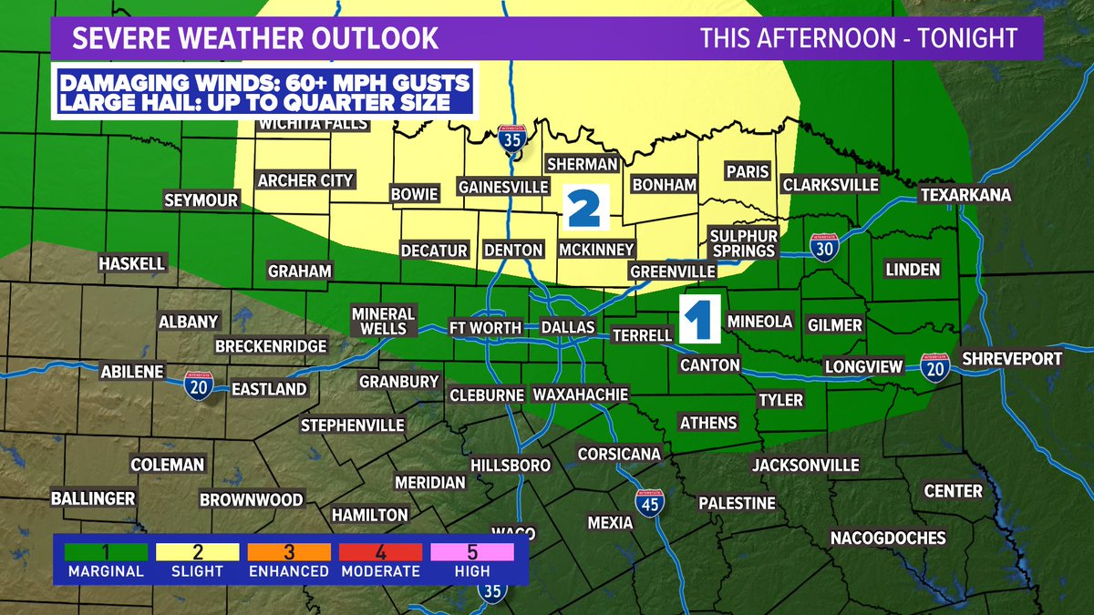 wfaaweather's tweet photo. Strong to severe storms are possible this afternoon and tonight. Wave #1 comes as scattered storms north of DFW after 2pm. Wave #2 comes as a cluster of storms after 9pm. Strong winds &amp; large hail are the main threats. #wfaaweather https://t.co/nfmBZRpqSI