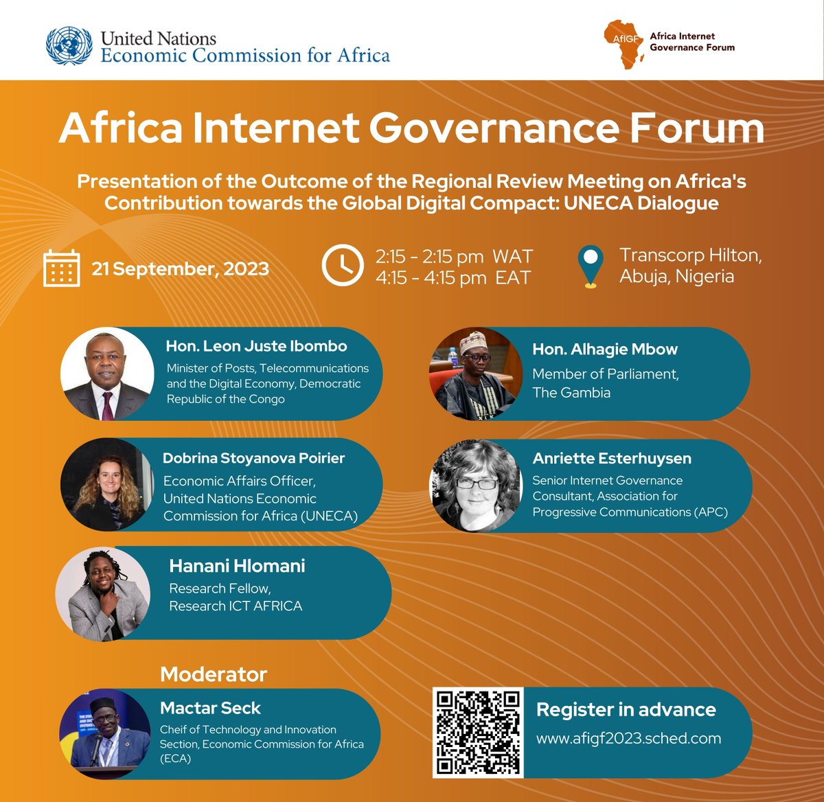 🌍 Africa's contribution towards the Global Digital Compact is being presented now at the 2023 African Internet Governance Forum #AfIGF2023 Plenary Session.   

🗓️Today 21 Sep '23
🕔2:30 - 3:30 pm WAT | 4:30 - 5:30 pm EAT
📍Abuja, Nigeria

🔗 Zoom Link: tinyurl.com/44yyfe7d