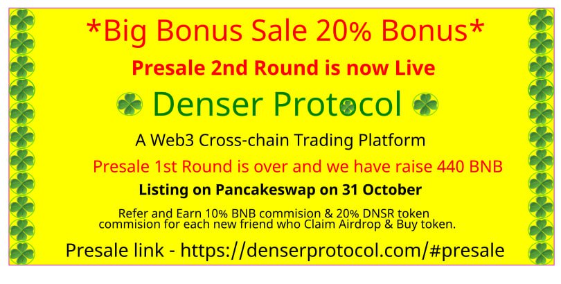 DenserProtocol's tweet image. Contribute everyone for huge success of the project
📌 Don&apos;t miss the opportunity
🛑 20% bonus sale is ongoing
🔥Hurry up it&apos;s final round 🔥
🔥Ends on 30th October🔥