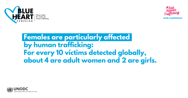 UNODC's tweet photo. Women and girls make up for the great majority of human trafficking victims. They’re mainly trafficked for sexual exploitation.  

We must protect the vulnerable and #EndHumanTrafficking