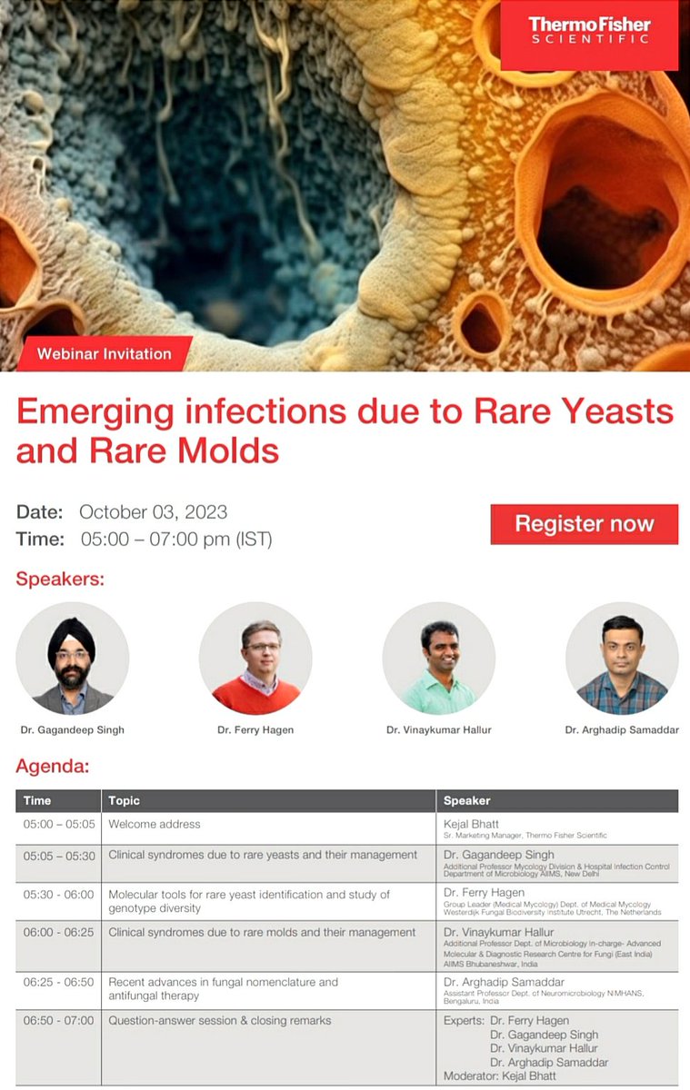 Upcoming📣Emerging infections due to rare yeasts & rare molds. Shall be discussing clinical syndromes, management, molecular tools for ID & genotype diversity, changes in fungal nomenclature & new antifungals. Join us on 3rd Oct, 5-7 pm IST. @drgagandeepdr @DrVinay118 @ferryhagen