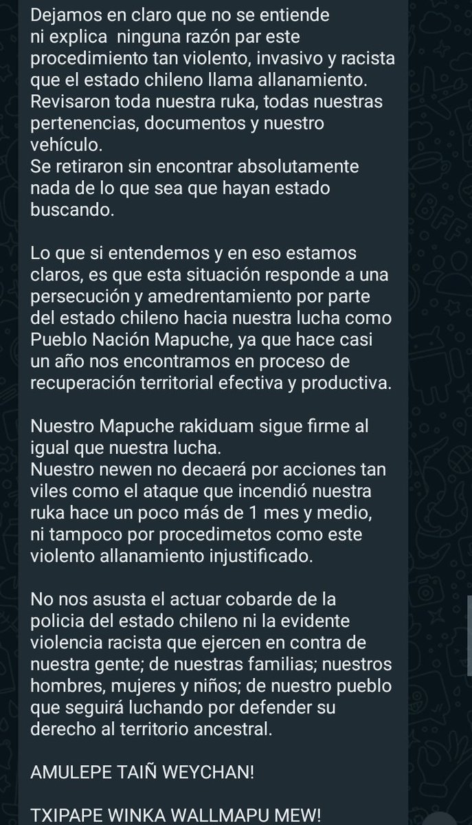 taimante's tweet photo. FEWLA WALMAPU

Tercer allanamiento durante madrugada, esta vez Lof Newen Leufu

Pinochetito boric estandarte según el de los #DDHH instruye 3 allanamientos hasta el momento.  En este solo entraron a ATERRORIZAR a los mapuche incluidos niñ@s.
@inddhh @HijxdelSalitre @RadioKurruf https://t.co/uO1MHqRBkC