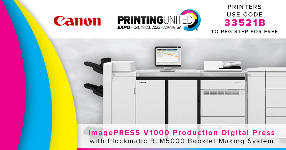 CanonUSA's tweet image. Join us at @PRINTINGUnited and stop by our Canon Booth #B4033 for a demo of our #imagePRESS V1000 Digital Production Press with the Plockmatic BLM 5000, an innovative new booklet-making system.

Print Providers Can Register for Free by using code 33521B:  canon.us/3PnvZJ0