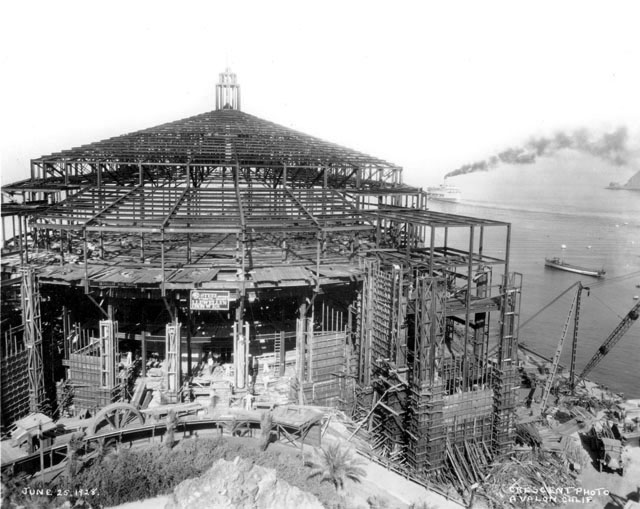 Throwback to the Avalon Casino under construction. Construction on the City's iconic land mark began in February 1928 and completed in May 1929. The term 'Casino' in its name comes from the Italian language and means: gathering place. #MPA #CatalinaIsland #AvalonCity