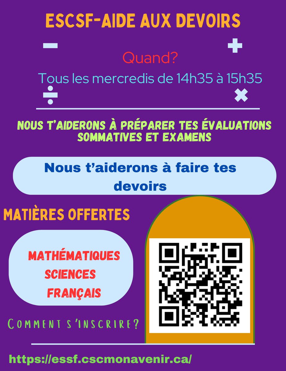 ESCSF- Aide aux devoirs les mercredis après l'école

  À partir du mercredi 27 septembre 2023  
  inscris-toi. (Les parents s'occupent du transport retour pour la maison.)
