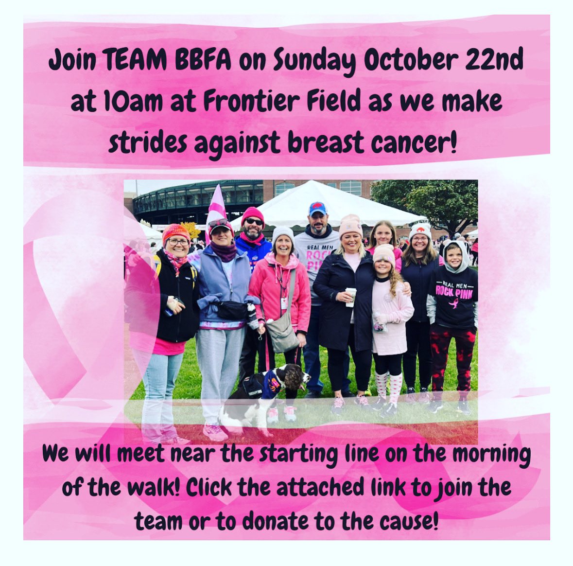 Hello Friends!
Every year BBFA sponsors a team in the Making strides against breast cancer walk in Rochester.  Please support us with a donation and /or join our team as we "make strides"! 
CLICK THE LINK TO JOIN OUR TEAM! 
secure.acsevents.org/site/STR?fr_id…