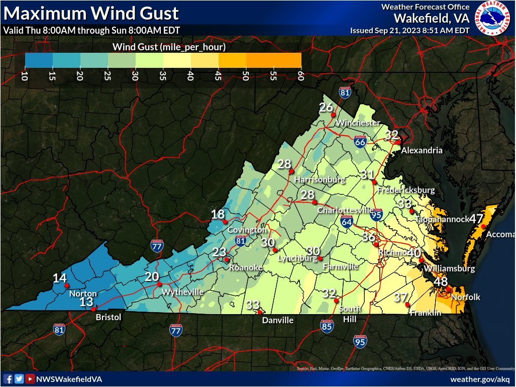 A storm arriving late Friday will bring nearly statewide impacts to Virginia through Sunday morning. Start preparing! We have a potential for: 🌧️1-4' of rain, some higher amounts 🌬️sustained winds of 35mph, gusts to 45-55mph near the coast 🌪️isolated tornadoes 🌊tidal flooding