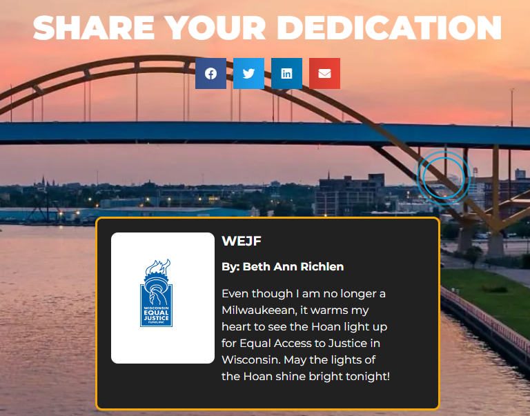 WiEqualJustice's tweet photo. @brichlen is the epitome of a legal aid cheerleader, and wow, are we ever glad to have her helping lead the fight for equal justice in Wisconsin! Beth Ann is the ED of @WIJudicare and is a board member for WEJF. And look! There's her bulb on the Hoan Bridge!! https://t.co/EcBGji6Vpr