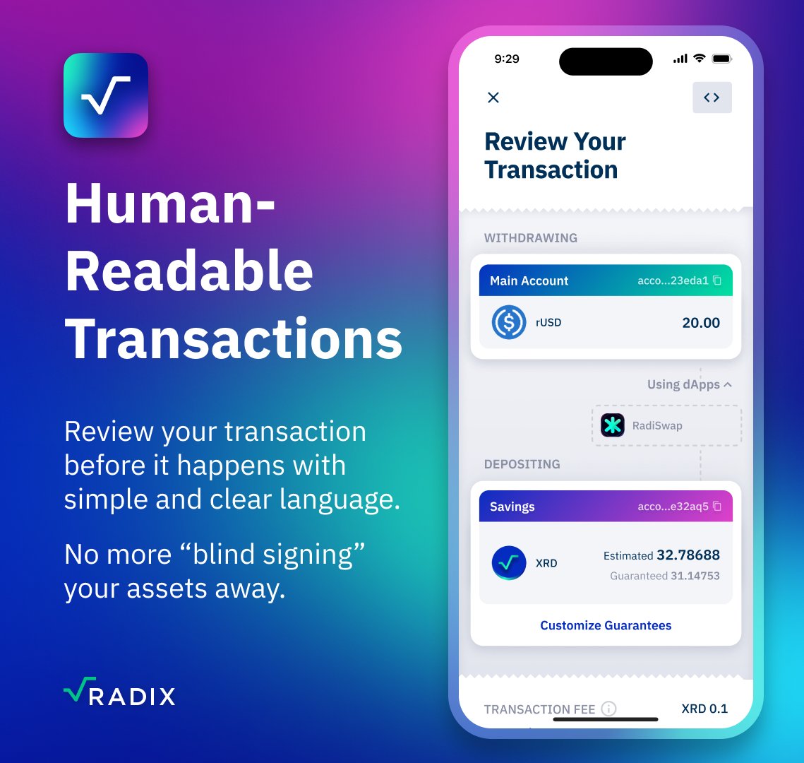 Currently, there is no way to know for sure if you're approving a safe or malicious transaction.

With the Radix Transaction Review, you'll be able to preview exactly what happens when you hit 'Approve.'

Meaning, no more blind signing and hoping for the best 🙌