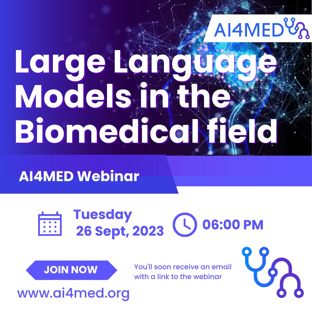 📢 NEW monthly WEBINAR series!!!

The first will be on Large Language Models in the Biomedical Field

📅 Tuesday, September 26th 2023
🕕 6:00pm (Madrid, GMT+2)
📍 Online

Sign up here ⬇ 
forms.gle/zcovihKDDt122T…

Come join us and learn how to "talk" with these models❗