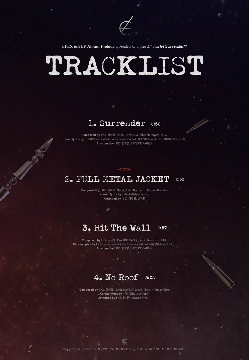the_EPEX's tweet photo. [📀]
EPEX 6th EP Album 
Prelude of Anxiety Chapter 2. 
‘Can We Surrender?’

Tracklist

2023.10.04 6PM

#EPEX #이펙스 #Eight_Apex #CanWeSurrender #FULLMETALJACKET #Prelude_of_Anxiety #불안의서 #위시 #금동현 #뮤 #아민 #백승 #에이든 #예왕 #제프 https://t.co/Or5uQWZoeE