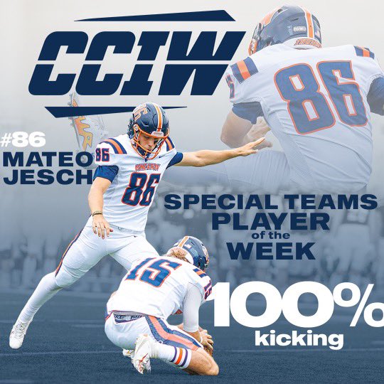 Congratulations to Mateo Jesch on being named the <a href="/CCIW_Athletics/">CCIW</a> Special Teams Player of the Week!

#LetsRoll #NoRegrets