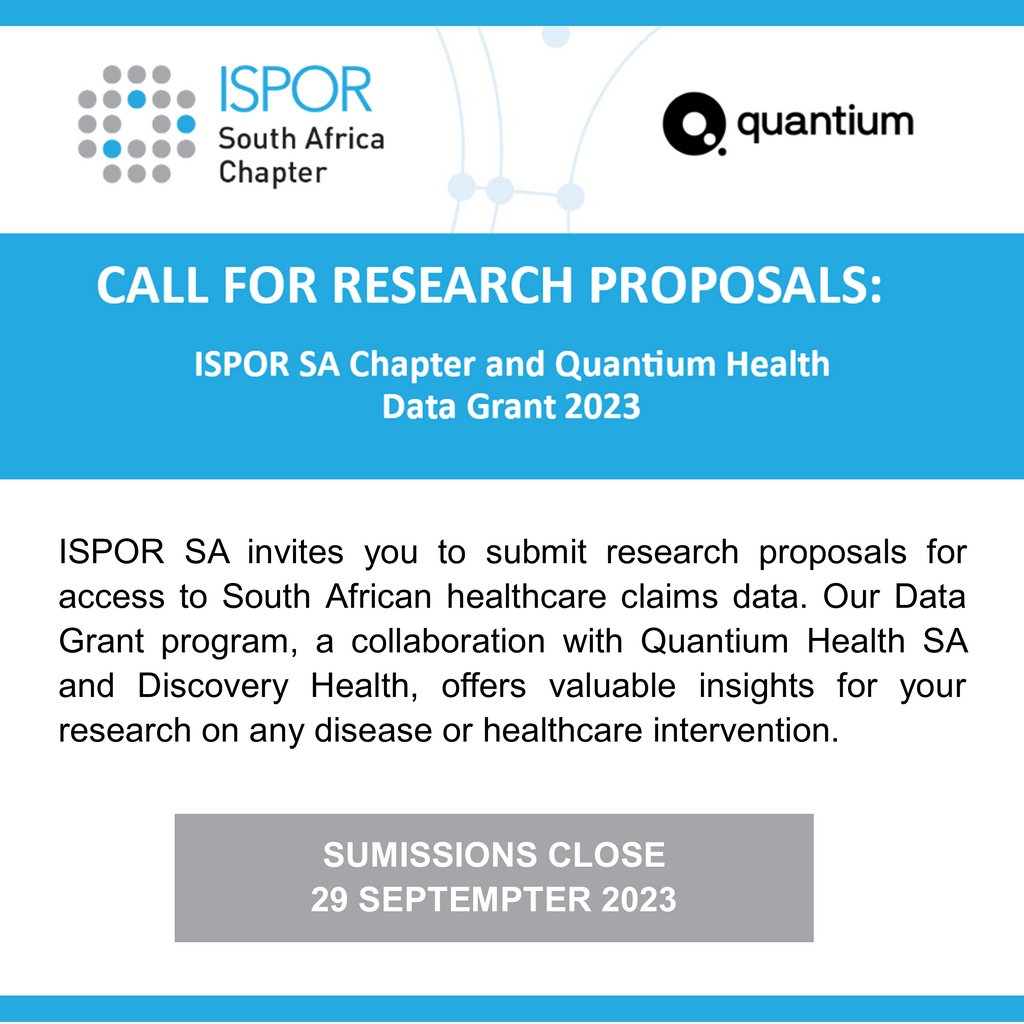 Gain access to data and analytical support from Quantium Health SA and Discovery Health by applying for the ISPOR SA Chapter Quantinum Grant 2023

Click to apply: form.jotform.com/231934190790560

#ispor #healtheconomics #outcomesresearch