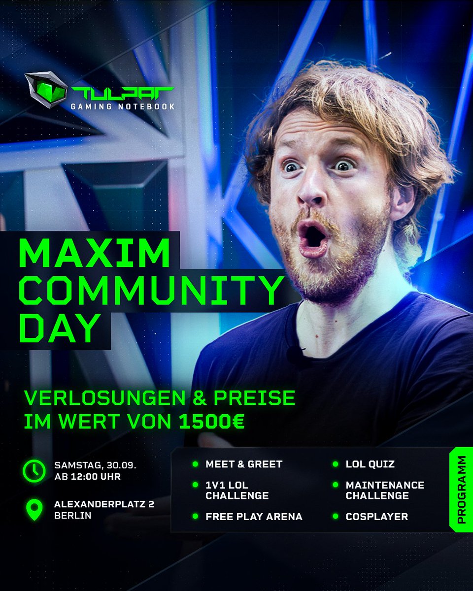 😱Maxim is back!😱

Am 30.09. haben wir die Ehre, <a href="/maximmarkow/">Maxim</a>' Community Day bei uns im Store zu hosten. Mit Meet &amp; Greet, Quizzes und wahnwitzigen Challenges ist für jeden etwas geboten.

Jetzt kostenfreies Ticket sichern unter
🎫bit.ly/maximday

#tulparnotebook