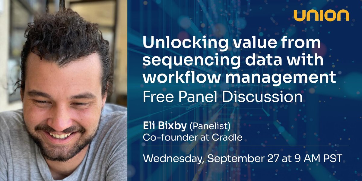 union_ai's tweet photo. #MeetThePanelist Welcoming Eli Bixby, co-founder at Cradle, joining our upcoming panel "Unlocking value from sequencing #data with workflow management." Great to have him on board for this discussion - excited to learn more!
🗓️ Sep 27 at 9 AM PST
RSVP: https://t.co/xGgb1pU8R2 https://t.co/9IqnkRnXkJ