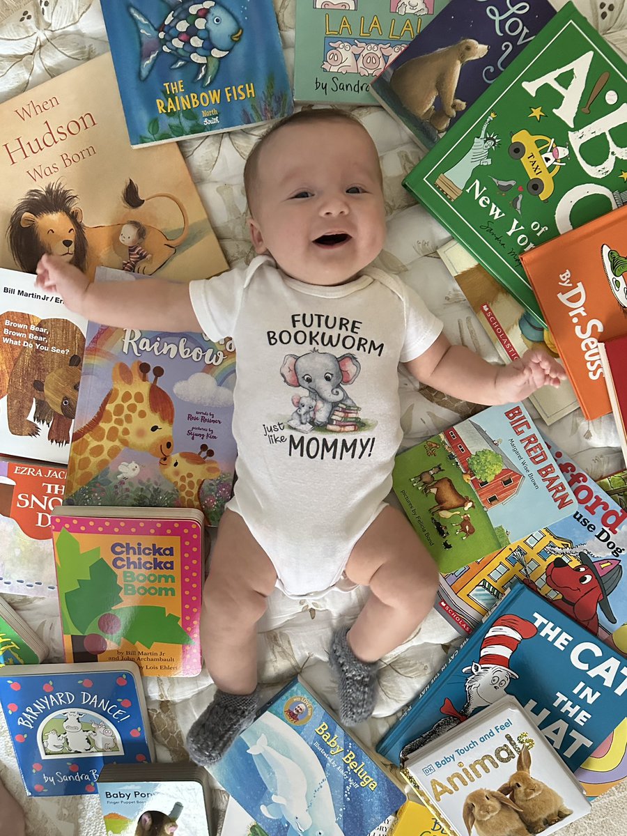 3 months old &amp; already building up quite the library- his mom is a book publicist after all📚 #bookworm