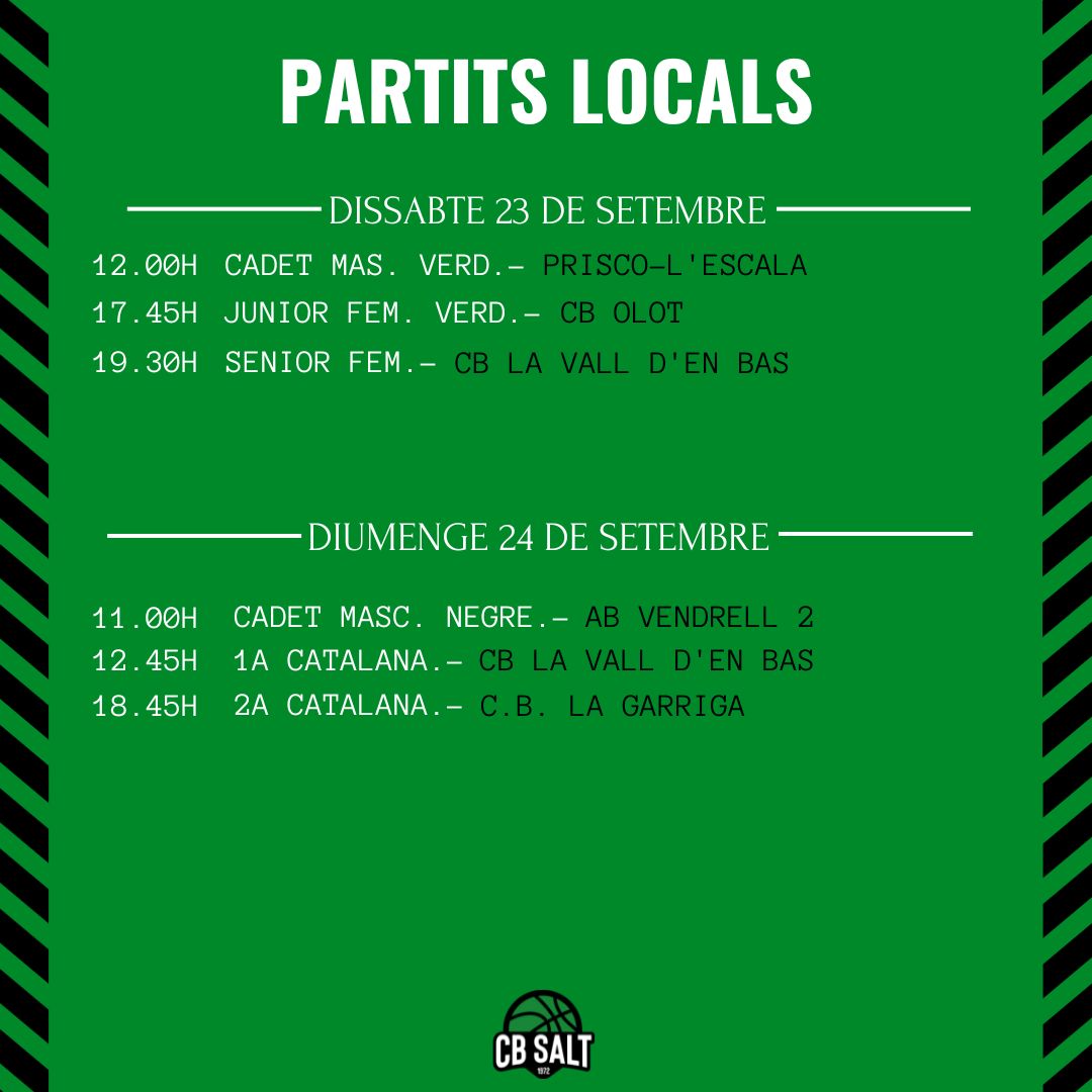 cbsalt's tweet photo. 🟢⚫ ℂ𝕒𝕝𝕖𝕟𝕕𝕒𝕣𝕚 𝕕𝕖 𝕡𝕒𝕣𝕥𝕚𝕥𝕤

🗓️ Ja tenim aquį el calendari de partits del cap de setmana.

💥 Debut en competició del 1a Catalana, del 2a Cat, Junior Inter Fem i molts més.

📢 Acosteu-vos al pavelló a animar als nostres!

Som-hi Salt!! 💚🖤

#orgullsaltenc https://t.co/ll5RbPlYWE