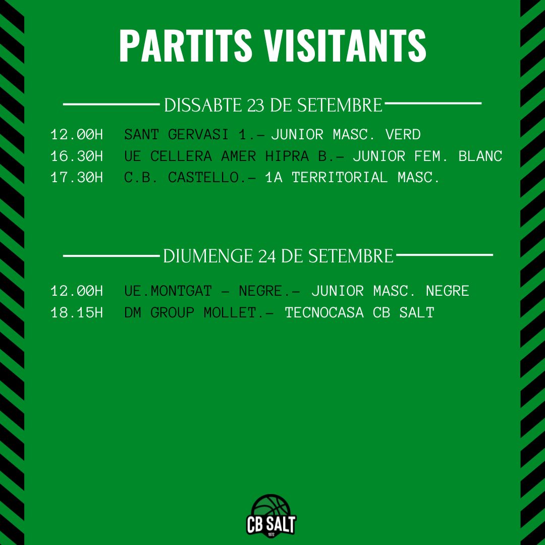 cbsalt's tweet photo. 🟢⚫ ℂ𝕒𝕝𝕖𝕟𝕕𝕒𝕣𝕚 𝕕𝕖 𝕡𝕒𝕣𝕥𝕚𝕥𝕤

🗓️ Ja tenim aquį el calendari de partits del cap de setmana.

💥 Debut en competició del 1a Catalana, del 2a Cat, Junior Inter Fem i molts més.

📢 Acosteu-vos al pavelló a animar als nostres!

Som-hi Salt!! 💚🖤

#orgullsaltenc https://t.co/ll5RbPlYWE