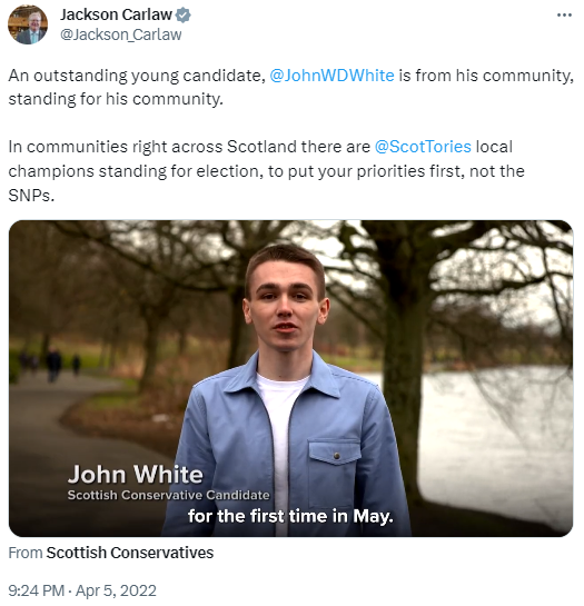 msm_monitor's tweet photo. John White starred in the Scottish Tory party political broadcast last year. How did this guy manage to be selected from the audience in a BBC Scotland TV debate without his party links being revealed? It's simply not credible the production team didn't know who he was. https://t.co/IorgyWHfyP