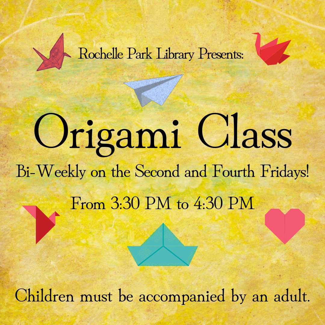 Bi-Weekly Origami Class! - Friday, September 8 & 22 from 3:30 PM to 4:30 PM

This event will take place at the library.

For more information, please contact us.

#origami #origamiclass #beginnersorigami #Libraryorigami #Libraryprogram #Libraryevents #Libraryfun #Library