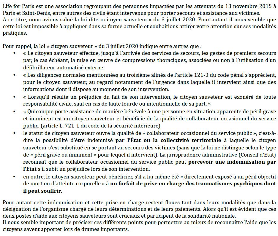 Life for Paris a demandé aux députés et sénateurs de se pencher à nouveau sur la loi dite citoyen sauveteur du 3 juillet 2020 pour en améliorer l’efficacité au service de tous.