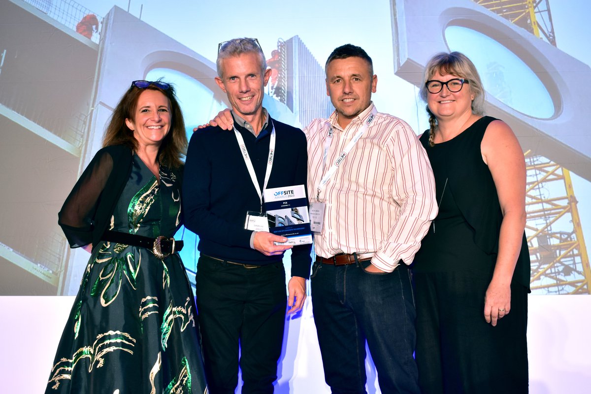 Our Managing Director, Nickie Brown, & Business Development Director, Simon Harold, picking up the Best Use of Concrete Technology award at the @ExploreOffsite 2023 awards for the eye-catching Assembly C project. #OffisteAwards2023 #ModularConstruction #HybridConstruction