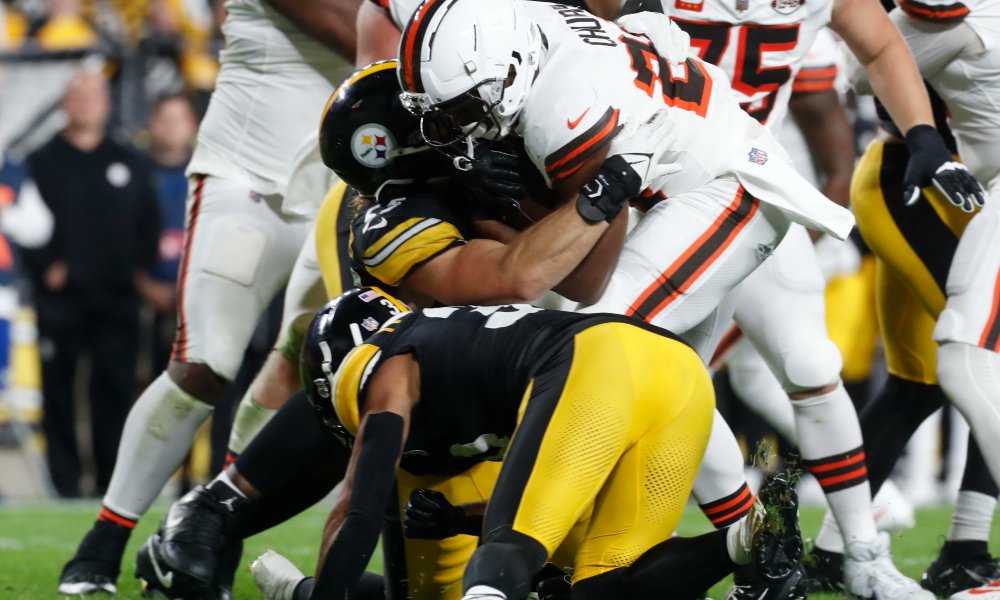NFL_DovKleiman's tweet photo. Update: #Steelers Pro-Bowl Safety Minkah Fitzpatrick was attacked by #Browns fans for the way he tackled RB Nick Chubb, leading that season-ending injury, has defended his play via @JamesPalmerTV 

Fitzpatrick said: "I would say, one: they've never tackled Nick Chubb before if they're telling me to go high."

"Two: What | seen was it opened up, it's goal line. I didn't see anybody on him. I made the decision as soon as I seen the hole open up and him in the hole to go low. You can tell me how to tackle him low but it's a fast game. It's a game (where) you make decisions in milliseconds. Can't really control what happens after you choose to make your decision. I already chose to go low. Somebody got on his back when I was going low, and what happened happened. There's nothing I really would do differently.'

"Again, like I said earlier, it's very unfortunate."

"Nick Chubb's a great player. He makes the game a lot better when he's playing. Just hope for a speedy recovery."