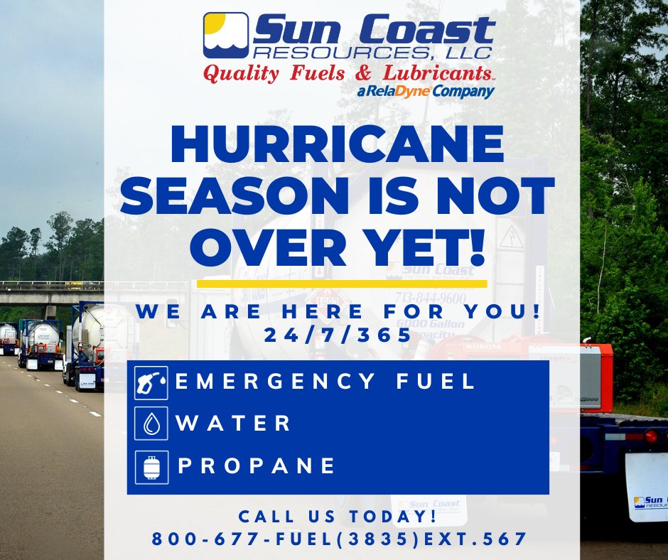 Hurricane season is not over yet!

Call us for all emergency fueling, water, and propane needs: 800-677-FUEL (3835) ext. 567!

#SunCoastDelivers
#emergencyfuel
#potablewater
#Propane
#hurricaneseason2023