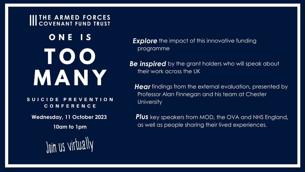 We're hosting a Veteran suicide prevention conference this October with invited guests and speakers from stakeholders including the MOD, Government, NHS and more. 

Join us digitally to explore this important topic. Full details at covenantfund.org.uk/2023/09/14/tru…

#SuicideAwarenessMonth