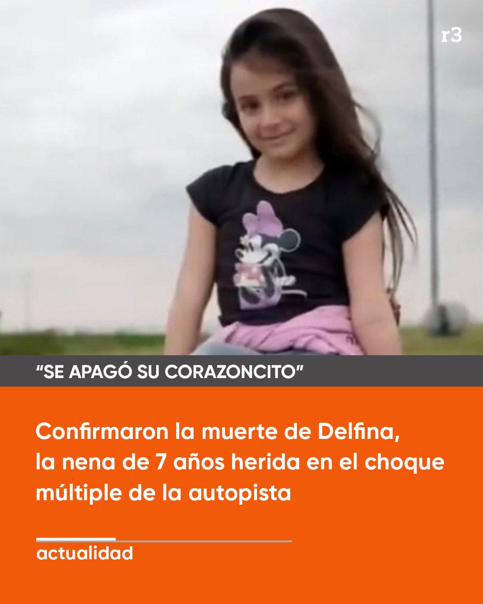 Rosariotres's tweet photo. ⭕ Falleció Delfina, la nena de siete años herida en el choque múltiple en la autopista Rosario-Córdoba la semana pasada.

🗣 "Se apagó su corazoncito pero su alma estará en cada uno de ustedes", señaló su abuelo.

https://t.co/XxsV7M7JmH
#rosario3 https://t.co/2cA7o8IGot