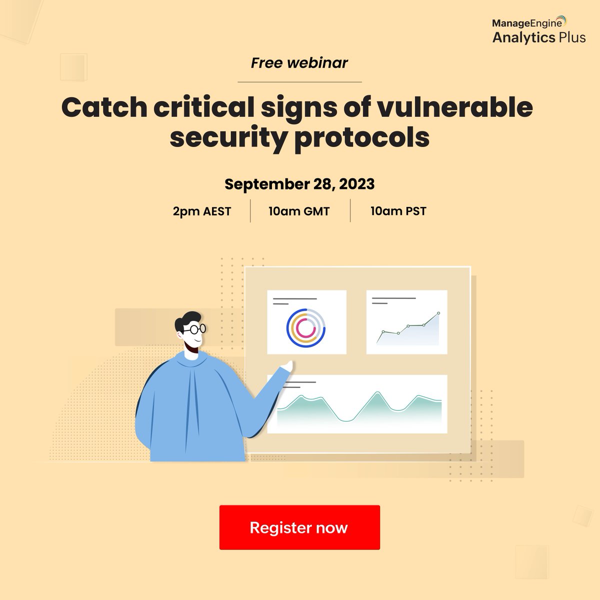 manageengine's tweet image. Plagued with cyber fatigue and struggling to implement a robust security strategy? Join our webinar to effortlessly catch signs of vulnerable security protocols using comprehensive AI-driven security analytics. 
mnge.it/DFA 
#SecurityAnalytics #Cybersecurity
