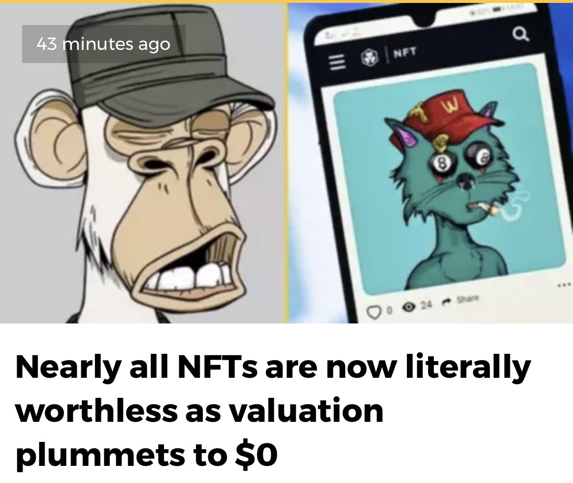 FFVV1211's tweet image. 4 completely different news media channels talking about the same thing..

“NFTs are worthless”

Is this the bottom?😂