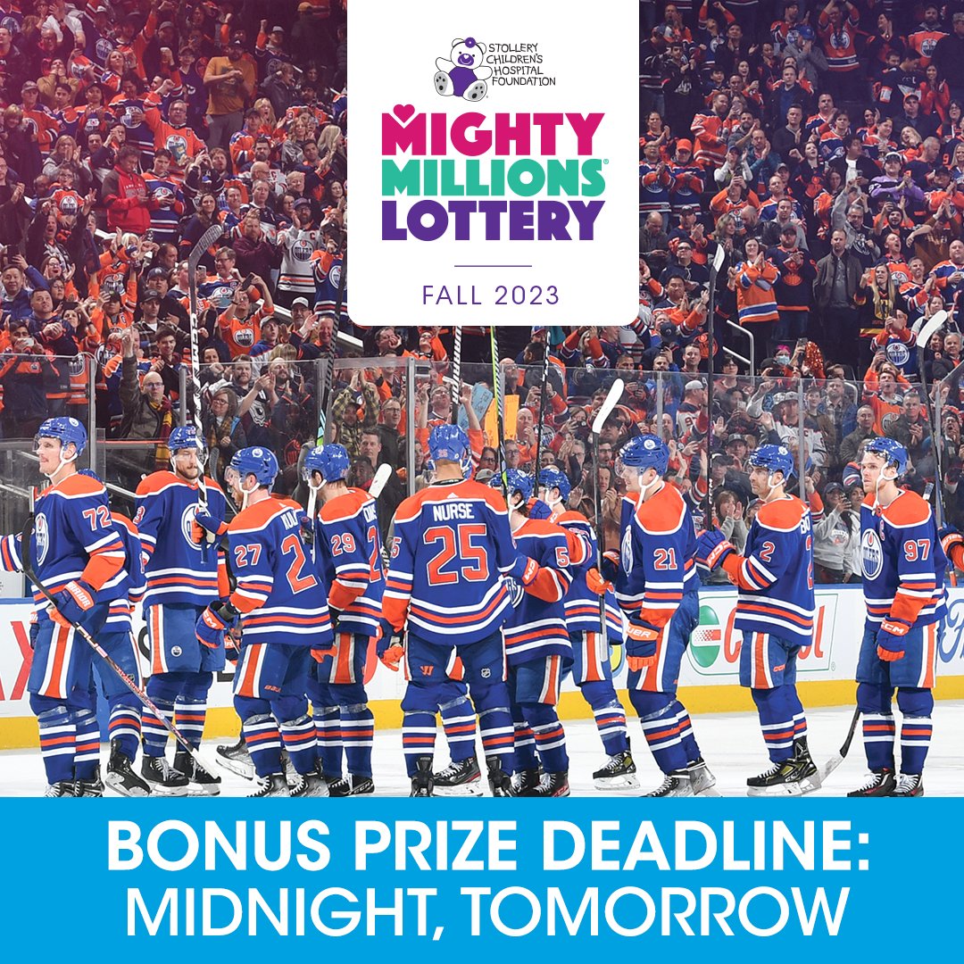 🚨 Bonus Deadline Midnight TOMORROW! 🚨
You and a friend could enjoy every <a href="/EdmontonOilers/">Edmonton Oilers</a> home game this season from your LOWER BOWL seats...PLUS $50,000 CASH! 

But you need a <a href="/MightyStollery/">MightyMillionsLotto</a> ticket to win.
💪 BE MIGHTY. Buy your tickets at MightyMillionsLottery.com NOW! 💜