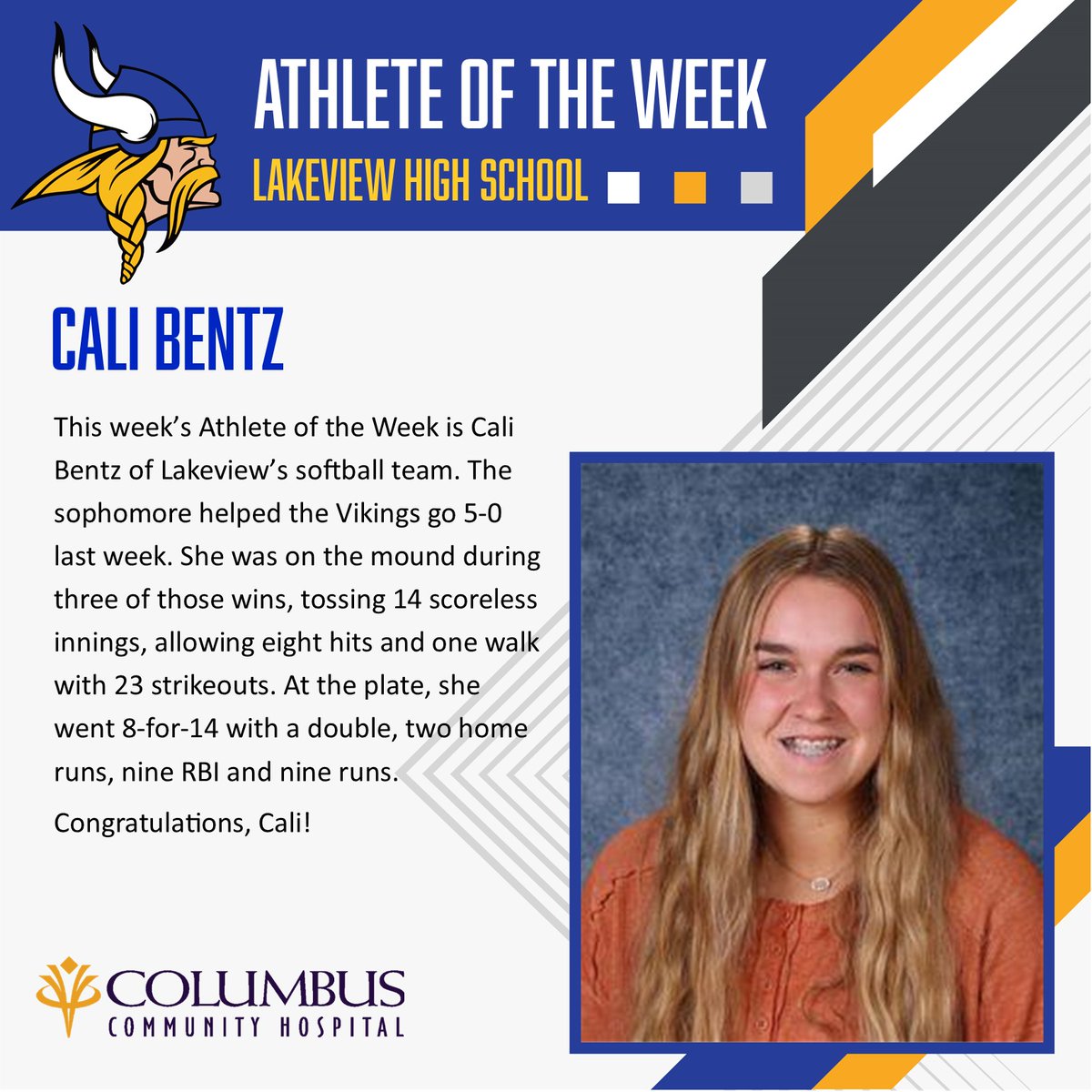 Congratulations to Cali Bentz of Lakeview High School for being named this week's Athlete of the Week!
#athleteoftheweek #nebraska #columbusnebraska