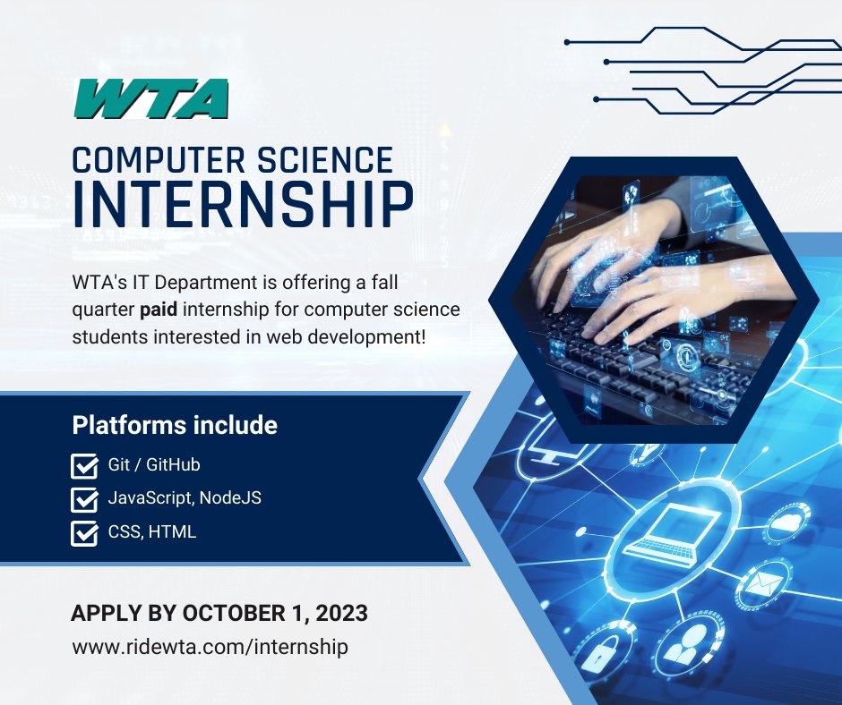 ridewta's tweet image. Want to make a mark on our local community? ​WTA&apos;s IT Department is offering a fall quarter paid internship for computer science students interested in web development!
Visit ridewta.com/internship to apply.