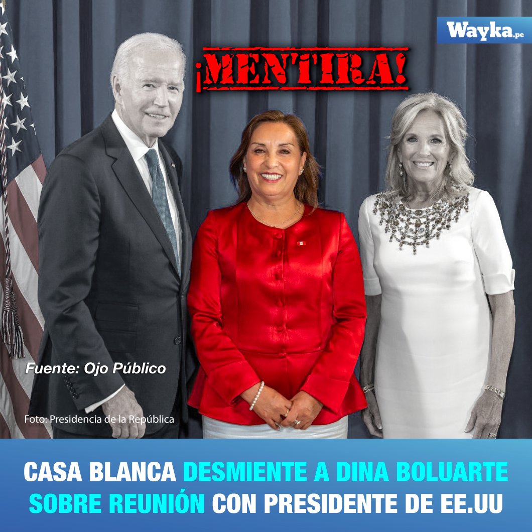 🇵🇪 Wayka (@waykaperu) on Twitter photo 📢¡Mentira! La misma Casa Blanca indicó a Ojo Público que la foto de Dina Boluarte junto al presidente de Estados Unidos, Joe Biden (<a href="/POTUS/">President Donald J. Trump</a>) y Jill Biden, primera Dama, corresponde a un saludo entre ambos durante una recepción.
📌Sin embargo, el régimen aseguró que tuvieron una 📢¡Mentira! La misma Casa Blanca indicó a Ojo Público que la foto de Dina Boluarte junto al presidente de Estados Unidos, Joe Biden (<a href="/POTUS/">President Donald J. Trump</a>) y Jill Biden, primera Dama, corresponde a un saludo entre ambos durante una recepción.
📌Sin embargo, el régimen aseguró que tuvieron una