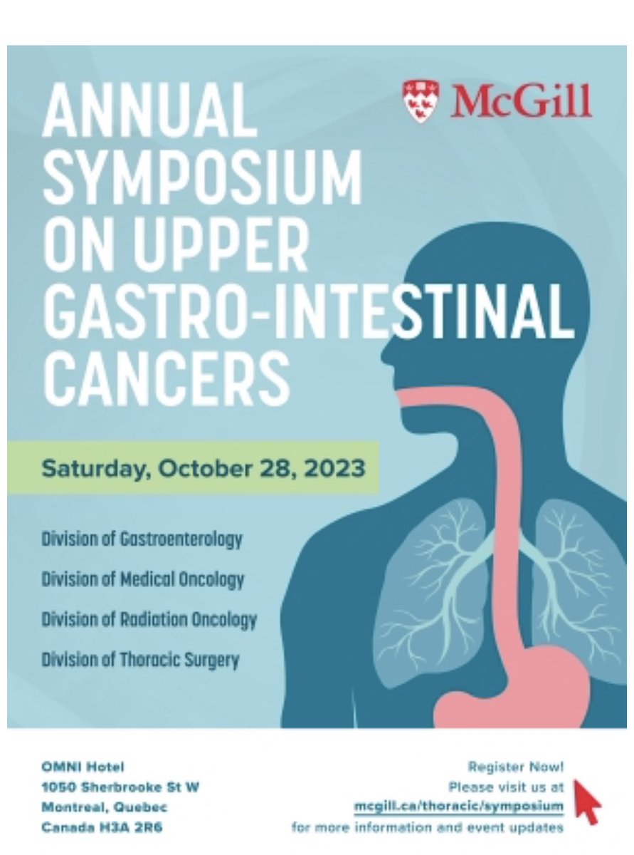 Annual Symposium on Upper Gastro-Intestinal Cancers- McGill University. Oct 28 in Montreal. Multidisciplinary and Multinational varied perspectives on esophageal and gastric cancer. @KlempnerSam @mivanbh @SSGisbertz and more X-less speakers. mcgill.ca/thoracic/event…